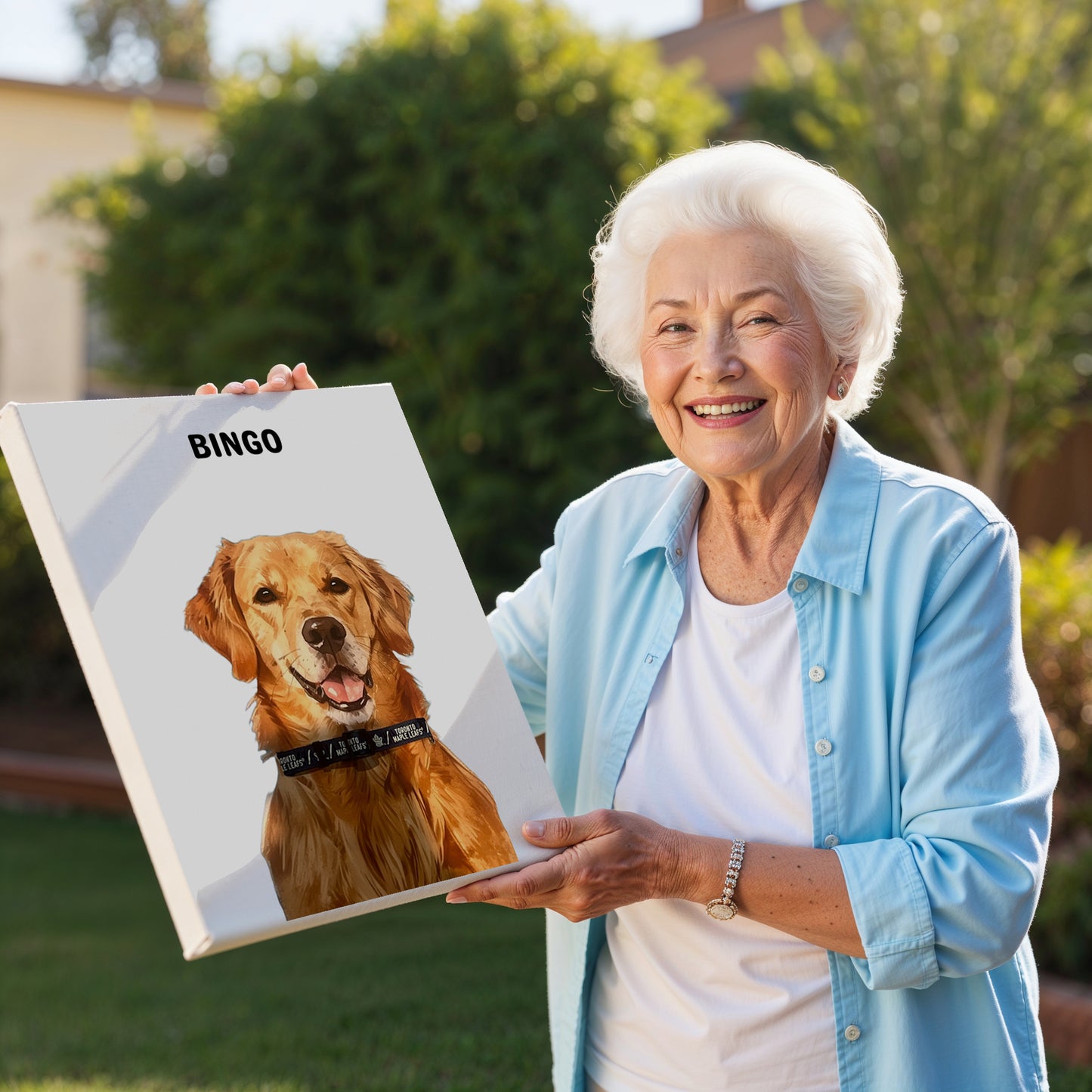 DIGITALLY PAINTED CUSTOM PET PORTRAIT CANVAS WITH PERSONALIZED COLLAR INSERT